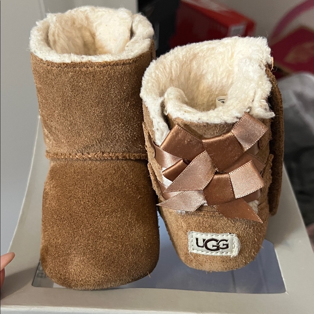 UGG Tan Baby Booties with Satin Bows